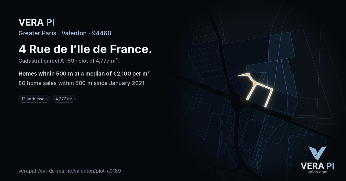 4 Rue de l’Ile de France, Valenton at night – the plot lit, the parcels around coloured by the prices near them