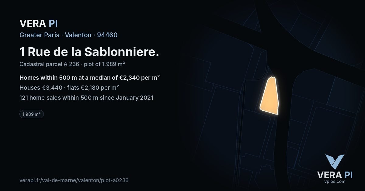1 Rue de la Sablonniere, Valenton at night – the plot lit, the parcels around coloured by the prices near them
