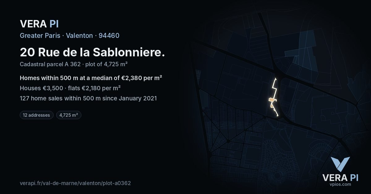 20 Rue de la Sablonniere, Valenton at night – the plot lit, the parcels around coloured by the prices near them