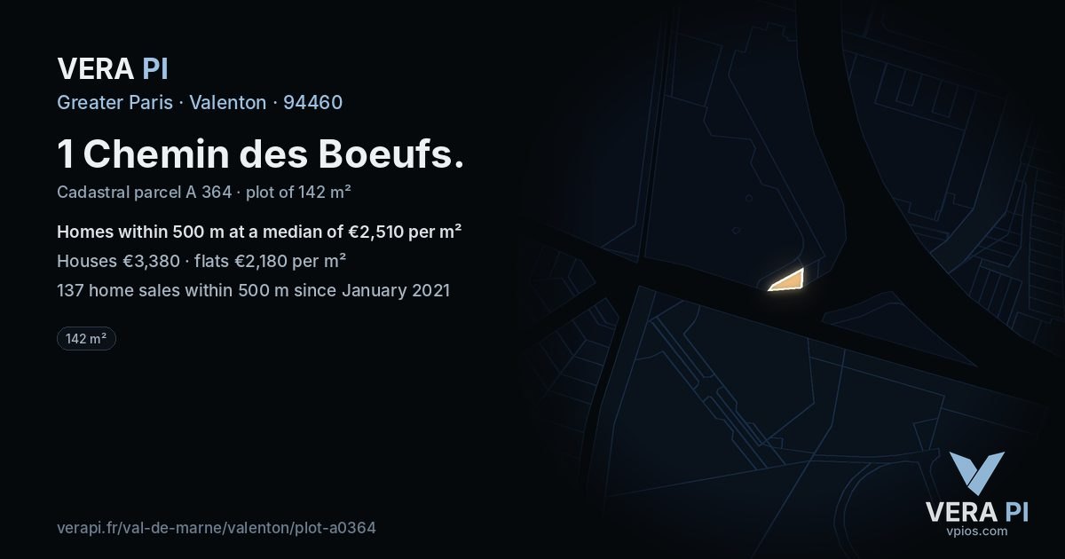1 Chemin des Boeufs, Valenton at night – the plot lit, the parcels around coloured by the prices near them