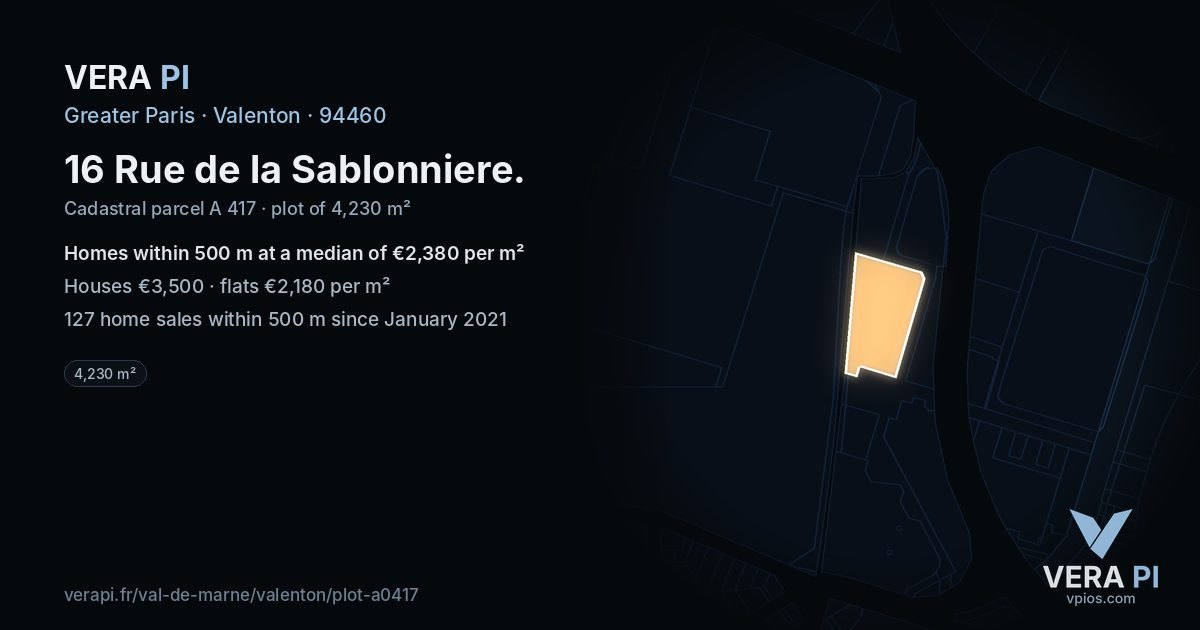 16 Rue de la Sablonniere, Valenton at night – the plot lit, the parcels around coloured by the prices near them