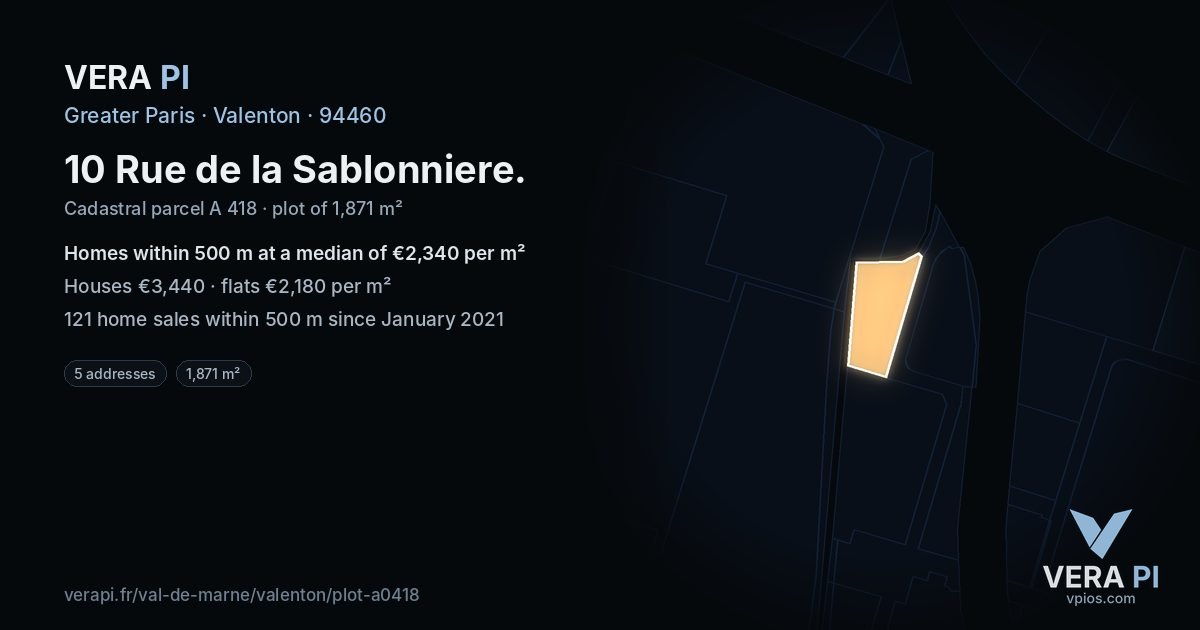 10 Rue de la Sablonniere, Valenton at night – the plot lit, the parcels around coloured by the prices near them