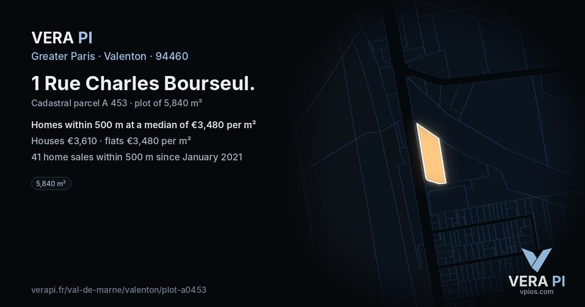 1 Rue Charles Bourseul, Valenton at night – the plot lit, the parcels around coloured by the prices near them