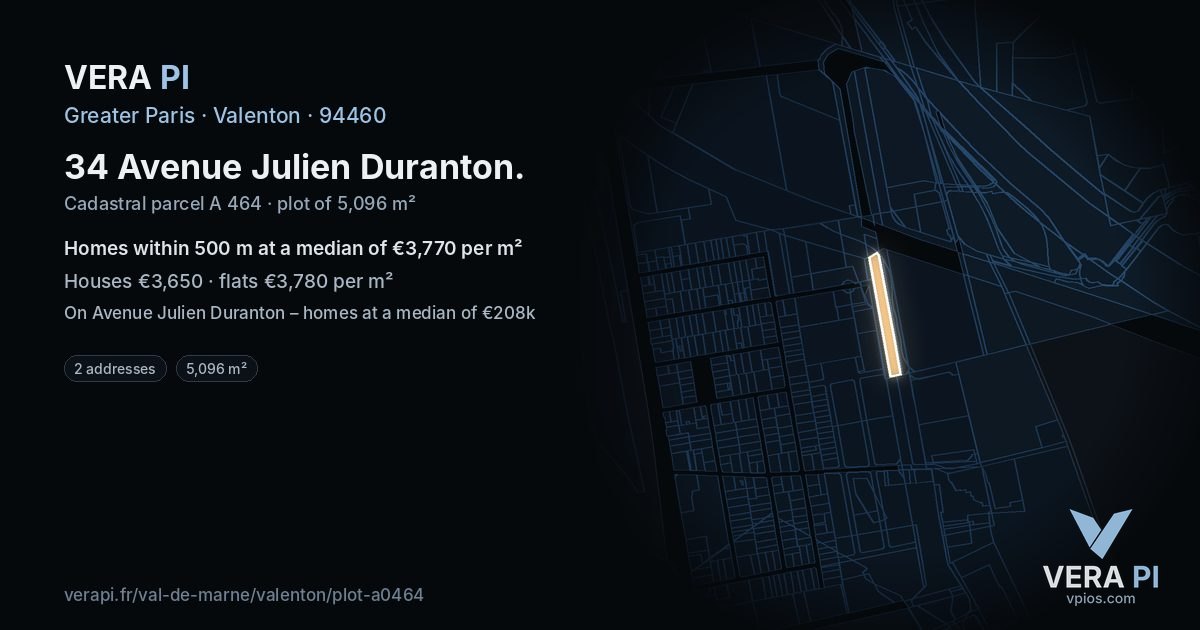 34 Avenue Julien Duranton, Valenton at night – the plot lit, the parcels around coloured by the prices near them