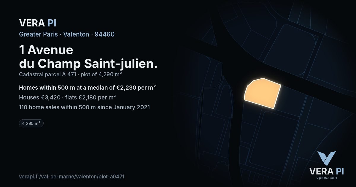 1 Avenue du Champ Saint-julien, Valenton at night – the plot lit, the parcels around coloured by the prices near them