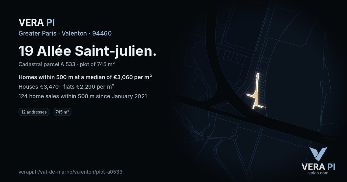 19 Allée Saint-julien, Valenton at night – the plot lit, the parcels around coloured by the prices near them