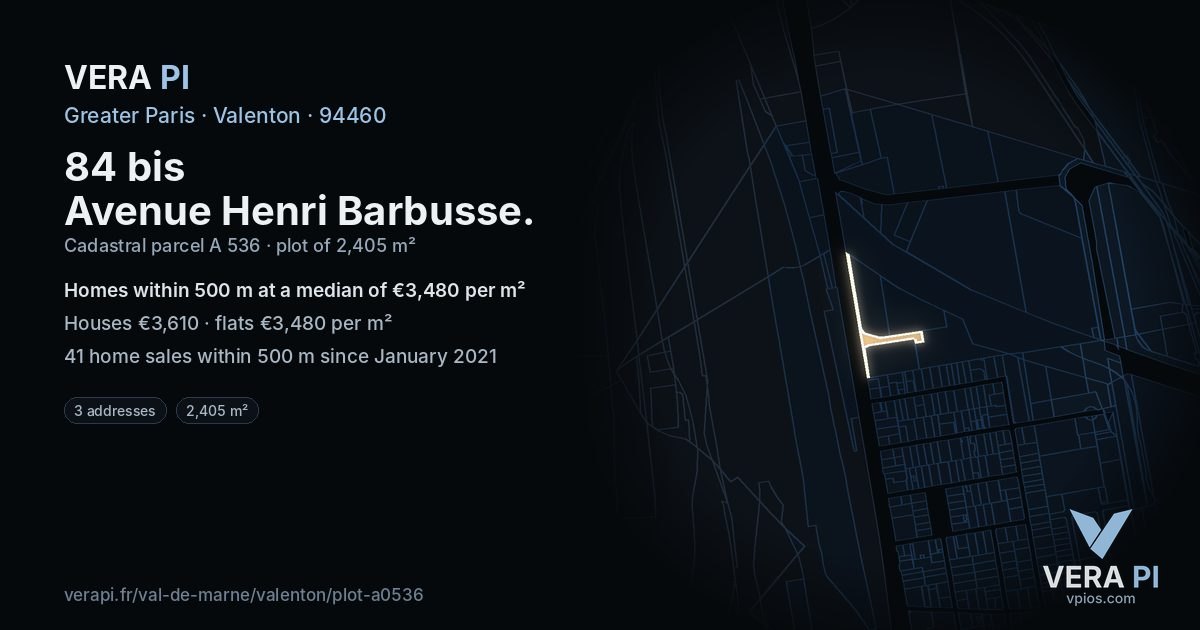 84 bis Avenue Henri Barbusse, Valenton at night – the plot lit, the parcels around coloured by the prices near them