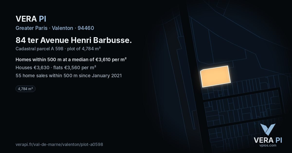 84 ter Avenue Henri Barbusse, Valenton at night – the plot lit, the parcels around coloured by the prices near them