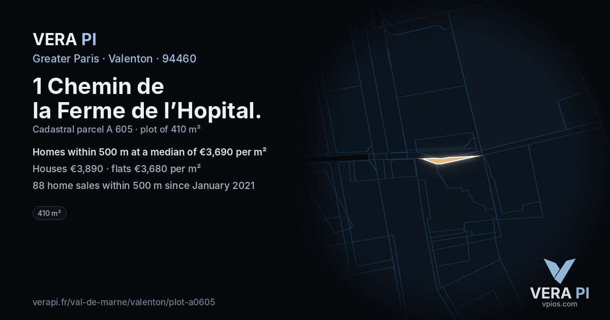 1 Chemin de la Ferme de l’Hopital, Valenton at night – the plot lit, the parcels around coloured by the prices near them