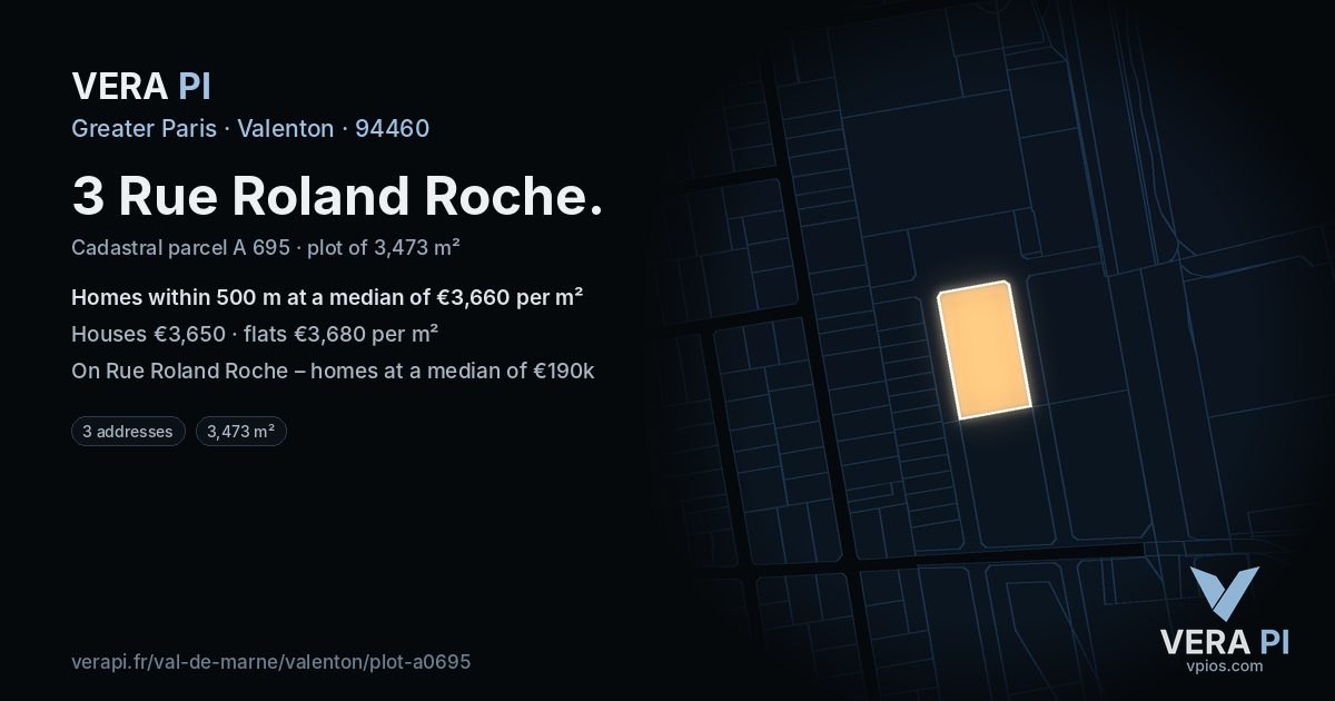 3 Rue Roland Roche, Valenton at night – the plot lit, the parcels around coloured by the prices near them
