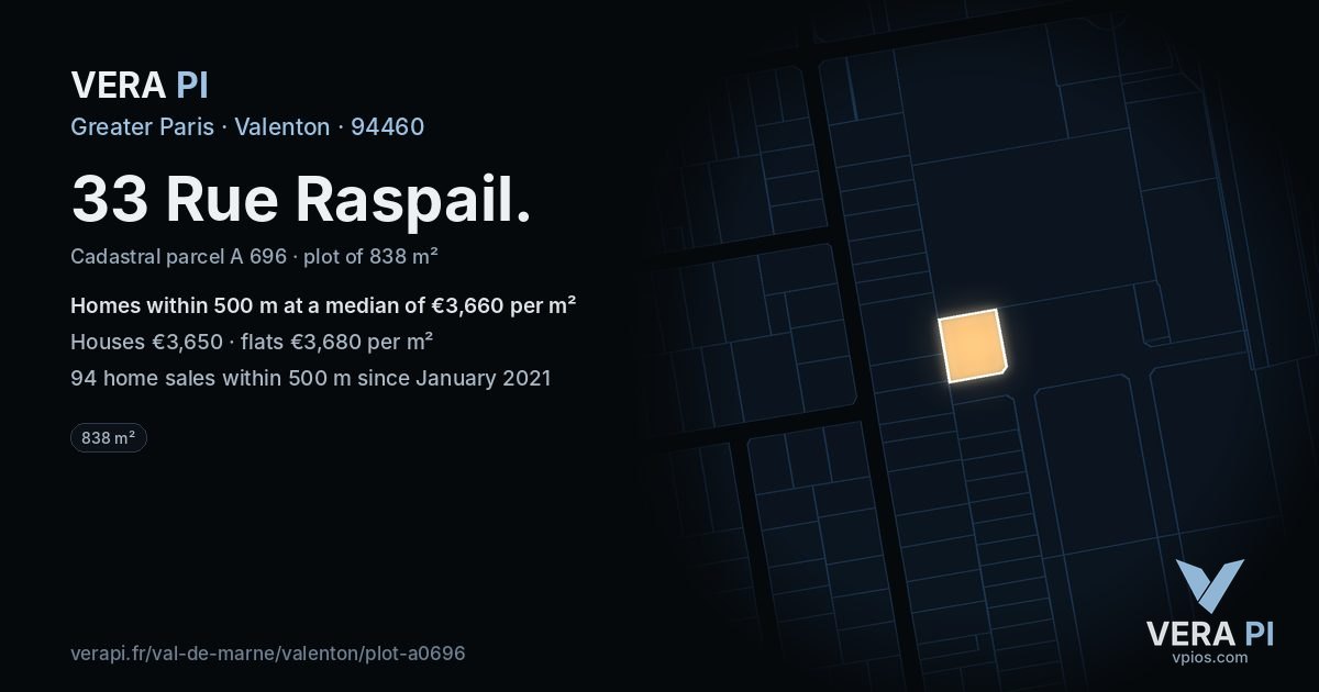 33 Rue Raspail, Valenton at night – the plot lit, the parcels around coloured by the prices near them