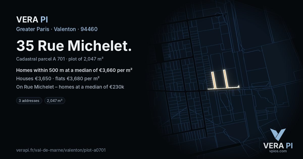 35 Rue Michelet, Valenton at night – the plot lit, the parcels around coloured by the prices near them