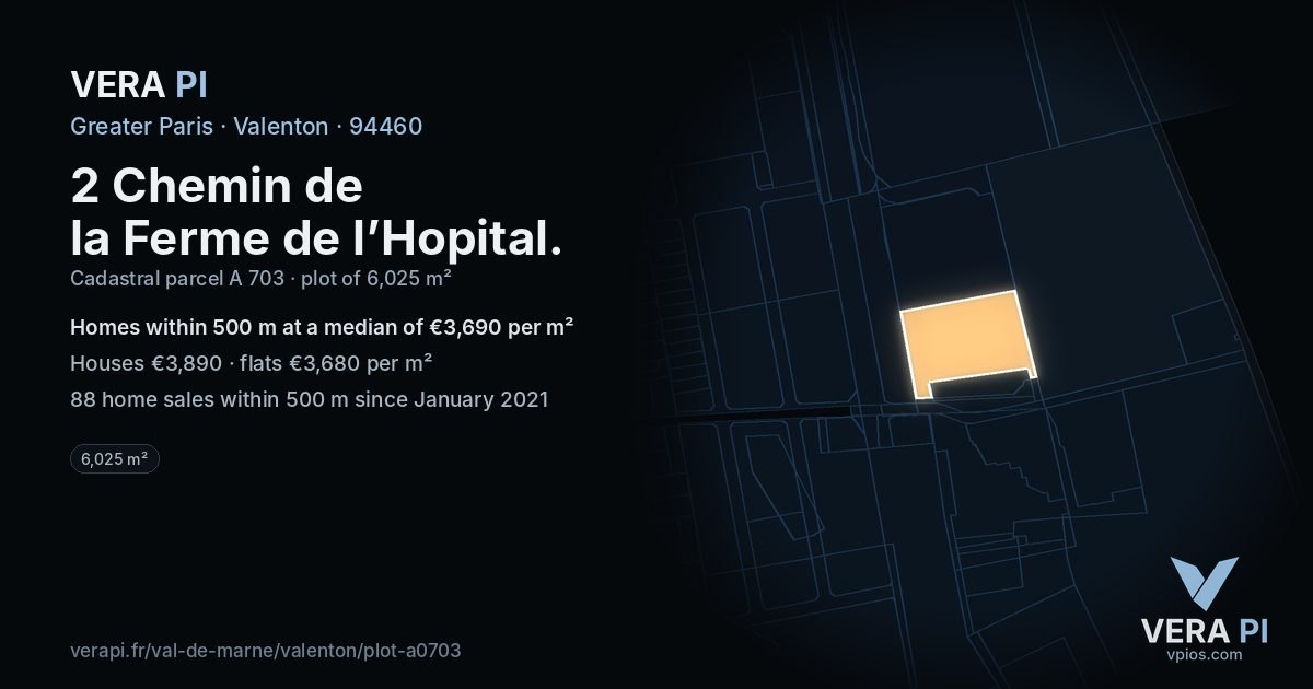 2 Chemin de la Ferme de l’Hopital, Valenton at night – the plot lit, the parcels around coloured by the prices near them