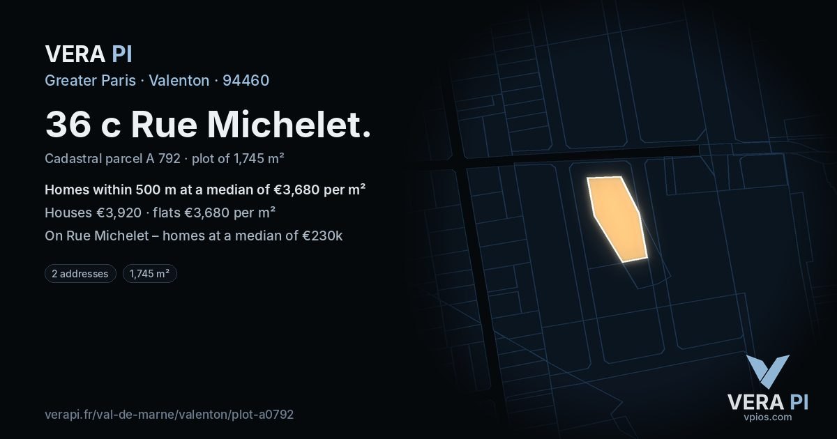 36 c Rue Michelet, Valenton at night – the plot lit, the parcels around coloured by the prices near them