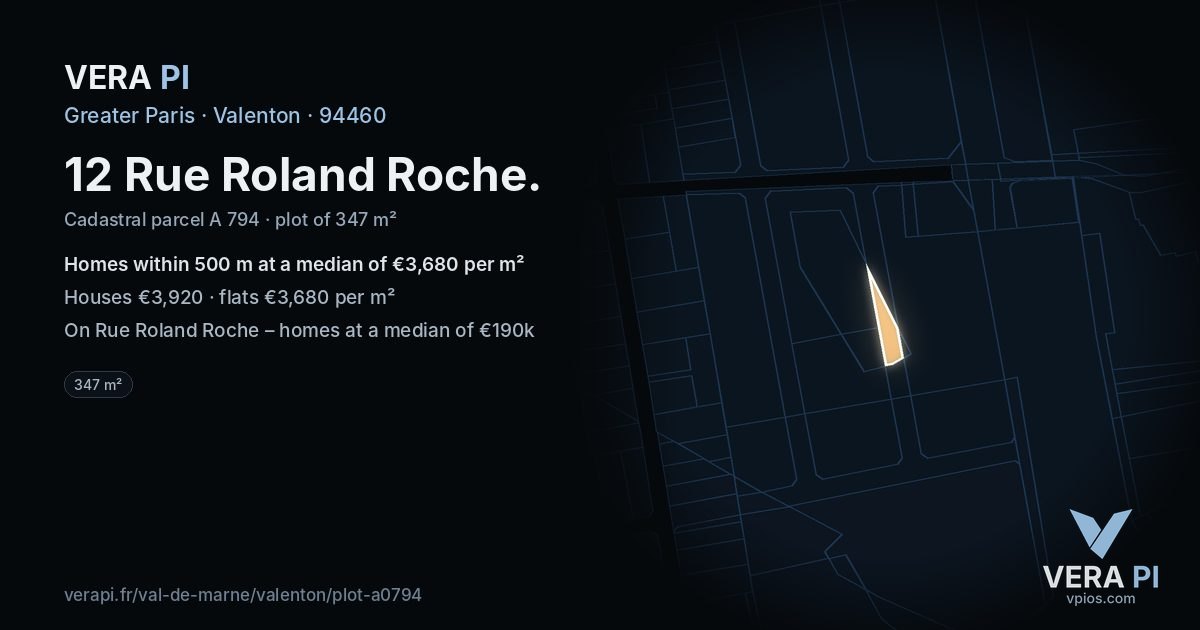 12 Rue Roland Roche, Valenton at night – the plot lit, the parcels around coloured by the prices near them