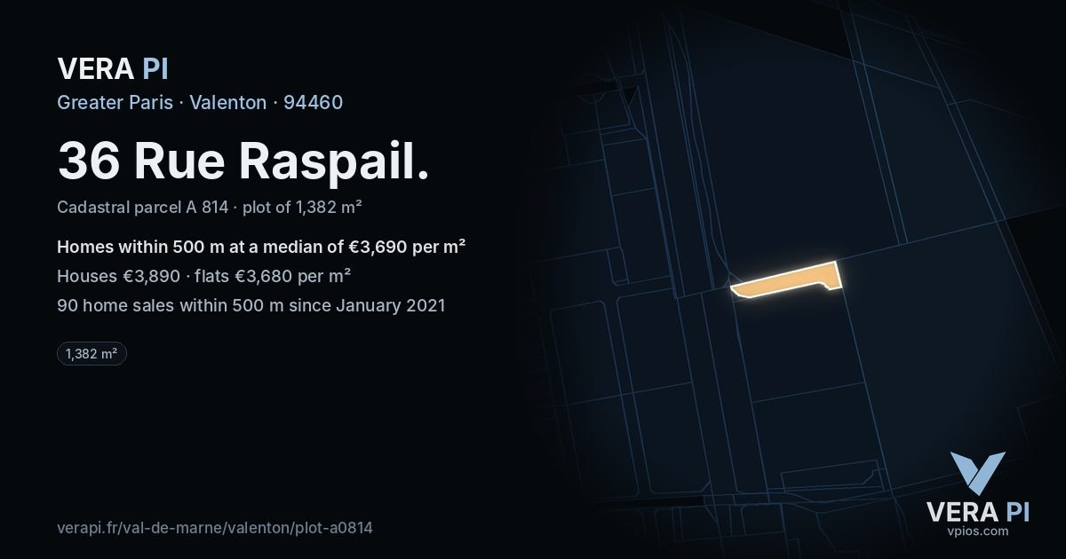 36 Rue Raspail, Valenton at night – the plot lit, the parcels around coloured by the prices near them