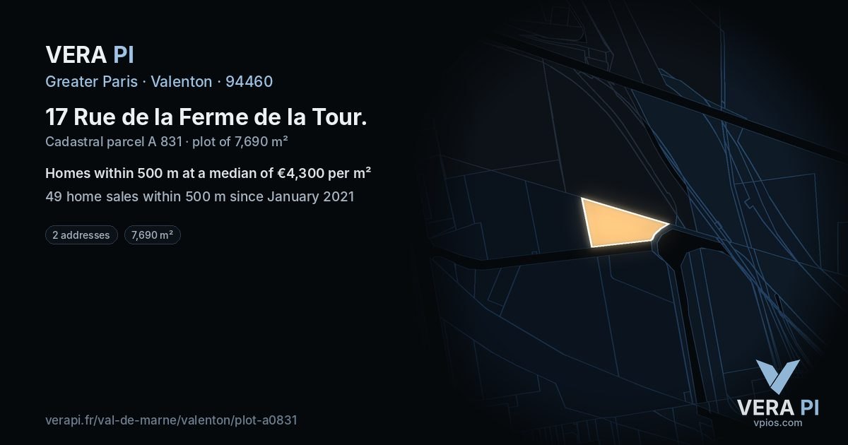 17 Rue de la Ferme de la Tour, Valenton at night – the plot lit, the parcels around coloured by the prices near them