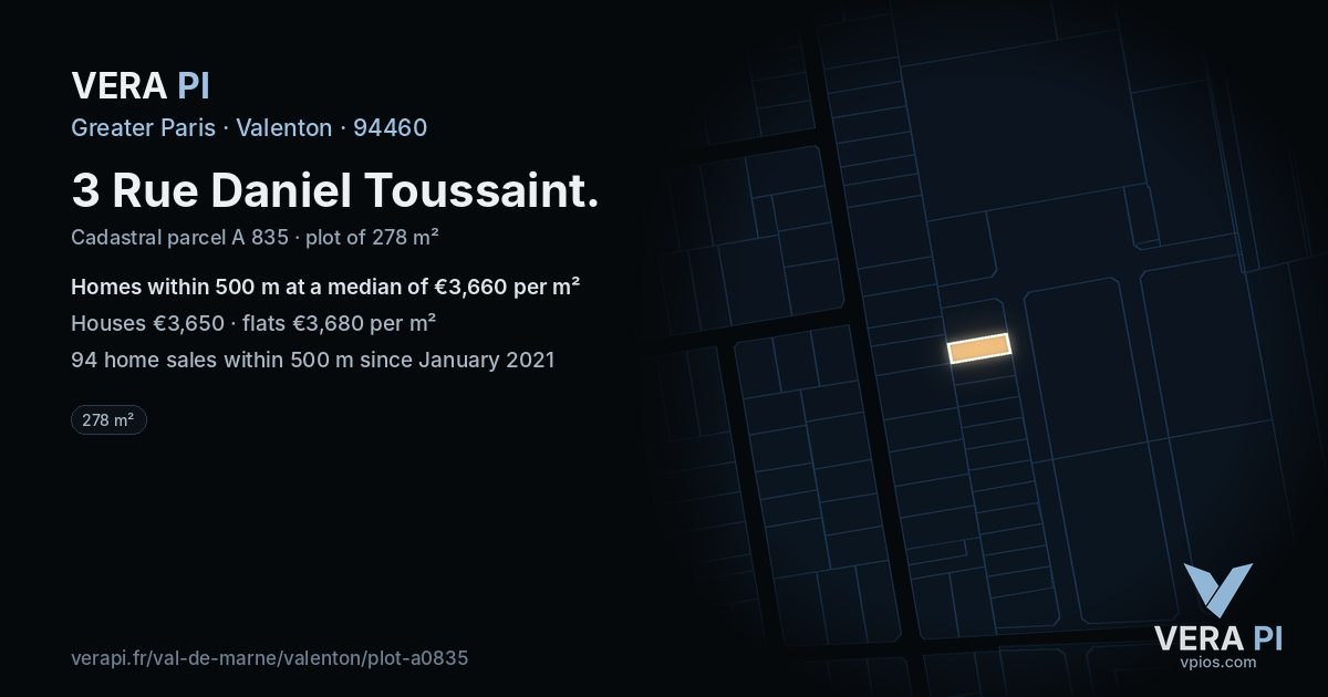 3 Rue Daniel Toussaint, Valenton at night – the plot lit, the parcels around coloured by the prices near them