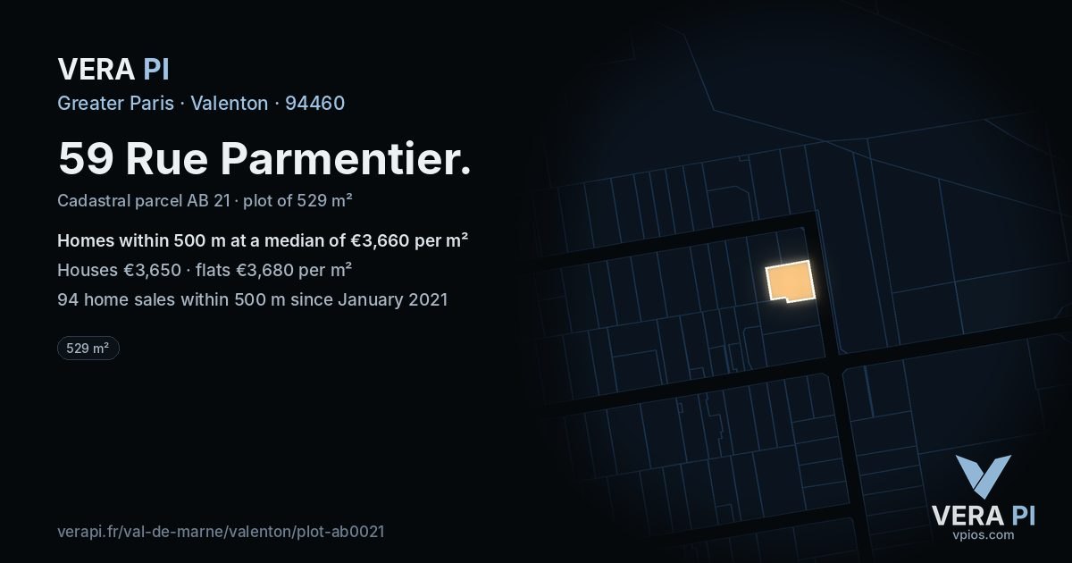 59 Rue Parmentier, Valenton at night – the plot lit, the parcels around coloured by the prices near them
