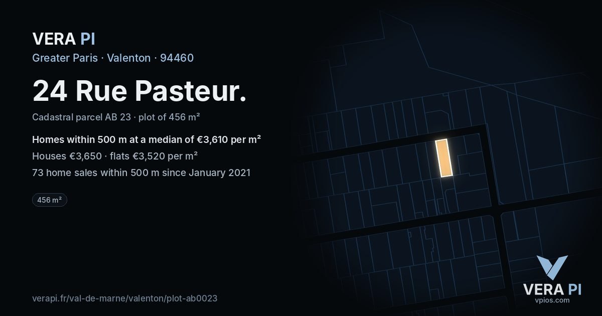 24 Rue Pasteur, Valenton at night – the plot lit, the parcels around coloured by the prices near them