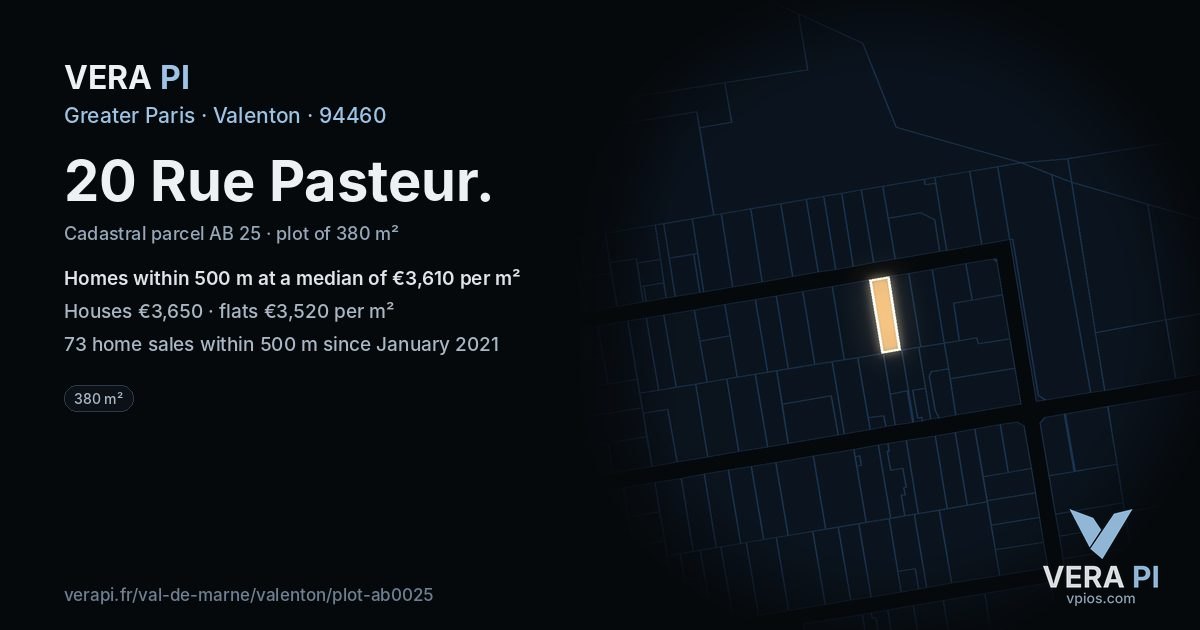20 Rue Pasteur, Valenton at night – the plot lit, the parcels around coloured by the prices near them