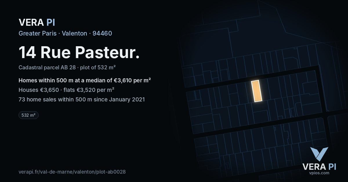 14 Rue Pasteur, Valenton at night – the plot lit, the parcels around coloured by the prices near them