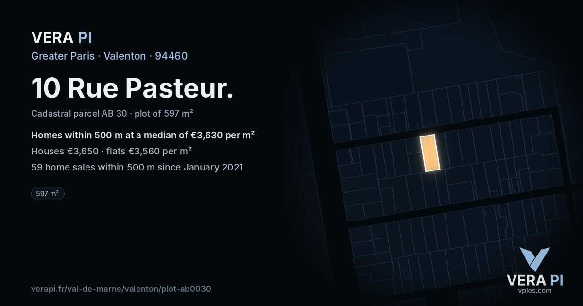 10 Rue Pasteur, Valenton at night – the plot lit, the parcels around coloured by the prices near them