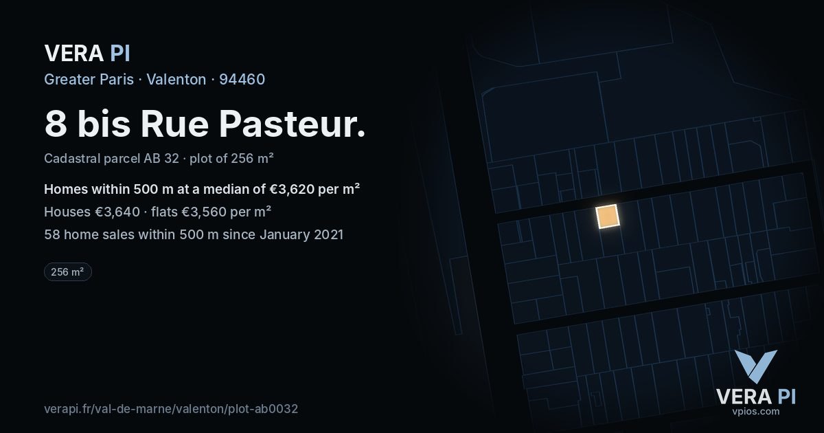 8 bis Rue Pasteur, Valenton at night – the plot lit, the parcels around coloured by the prices near them