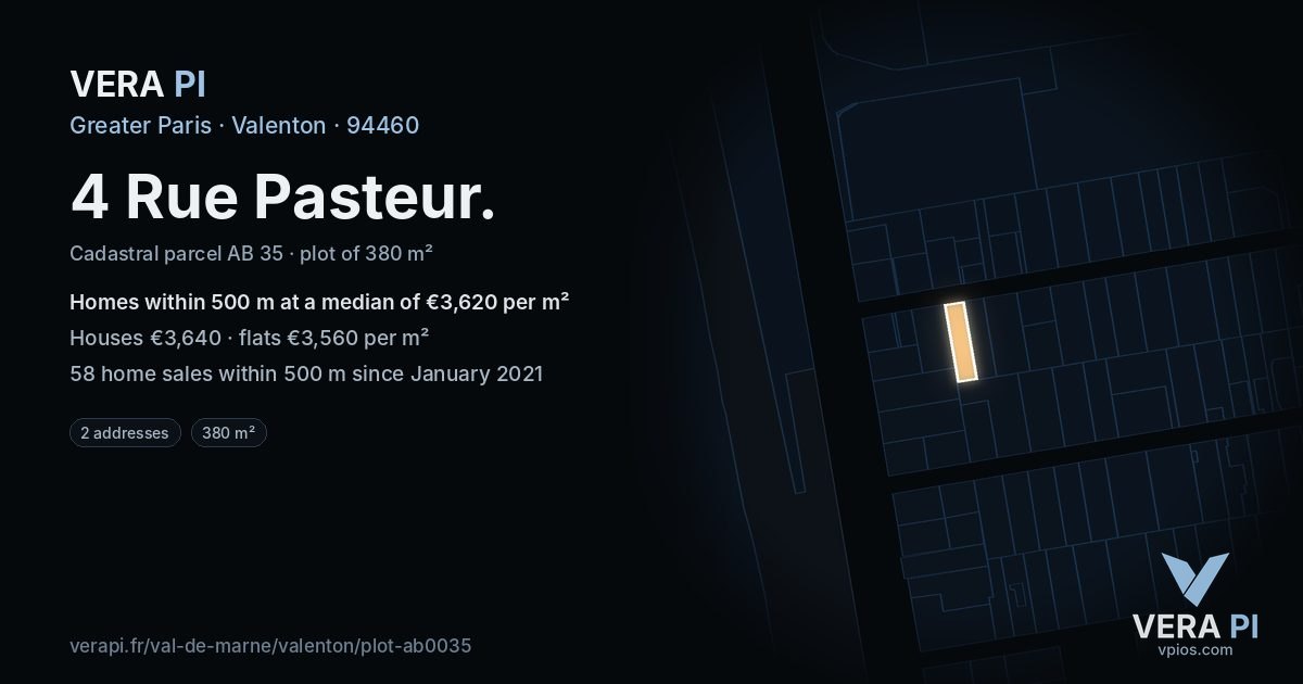 4 Rue Pasteur, Valenton at night – the plot lit, the parcels around coloured by the prices near them