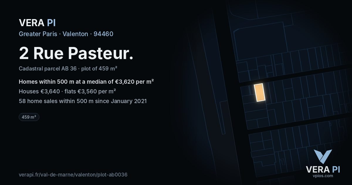 2 Rue Pasteur, Valenton at night – the plot lit, the parcels around coloured by the prices near them