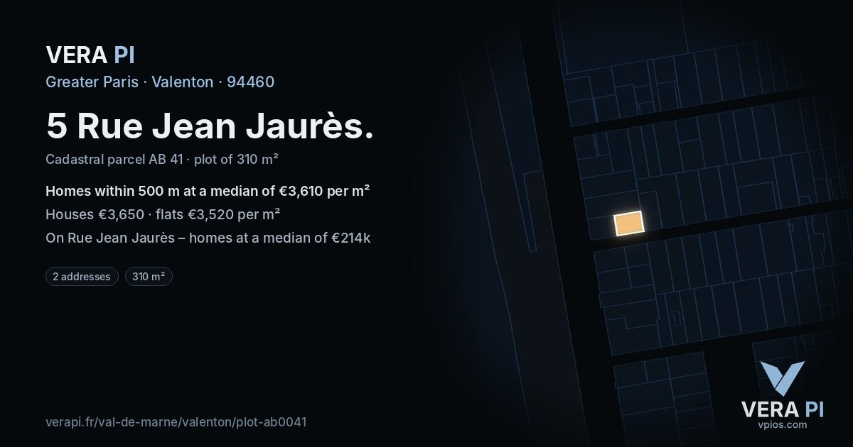 5 Rue Jean Jaurès, Valenton at night – the plot lit, the parcels around coloured by the prices near them