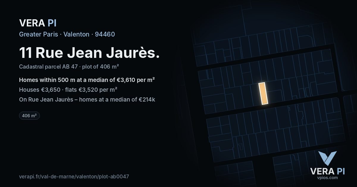 11 Rue Jean Jaurès, Valenton at night – the plot lit, the parcels around coloured by the prices near them