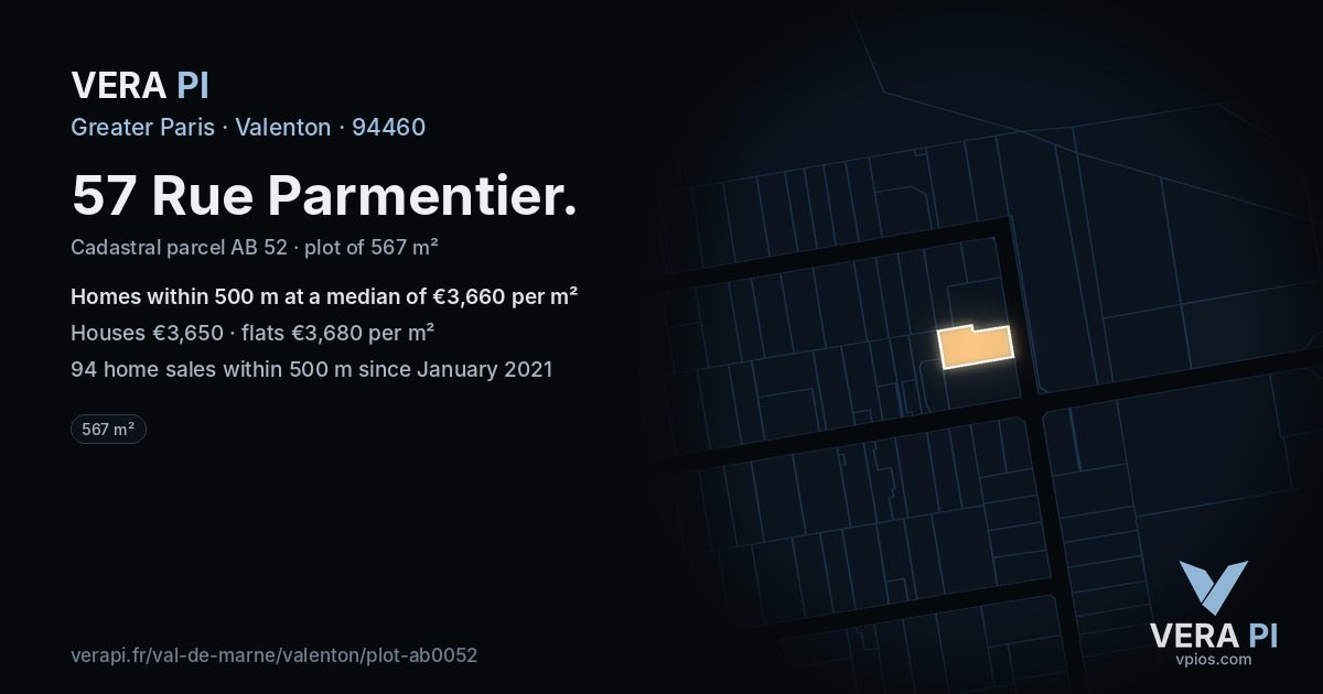 57 Rue Parmentier, Valenton at night – the plot lit, the parcels around coloured by the prices near them