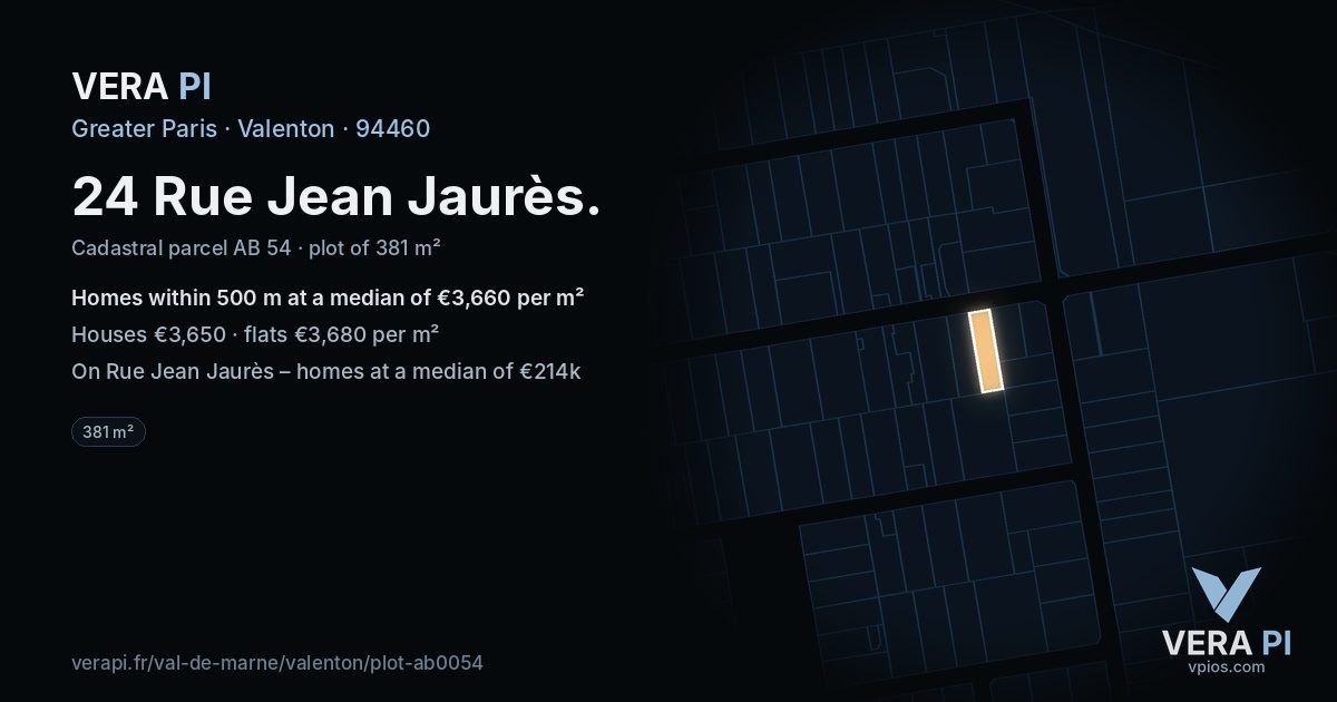 24 Rue Jean Jaurès, Valenton at night – the plot lit, the parcels around coloured by the prices near them