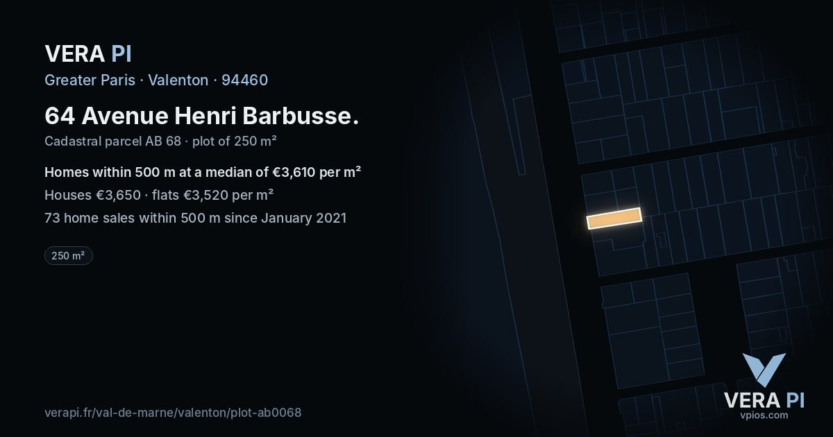 64 Avenue Henri Barbusse, Valenton at night – the plot lit, the parcels around coloured by the prices near them