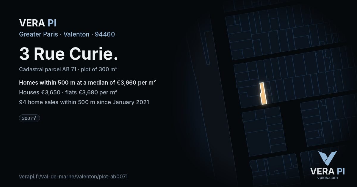 3 Rue Curie, Valenton at night – the plot lit, the parcels around coloured by the prices near them