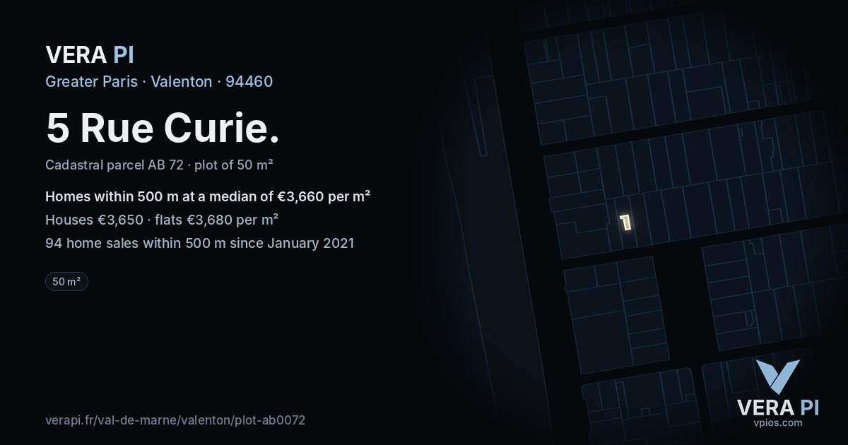 5 Rue Curie, Valenton at night – the plot lit, the parcels around coloured by the prices near them