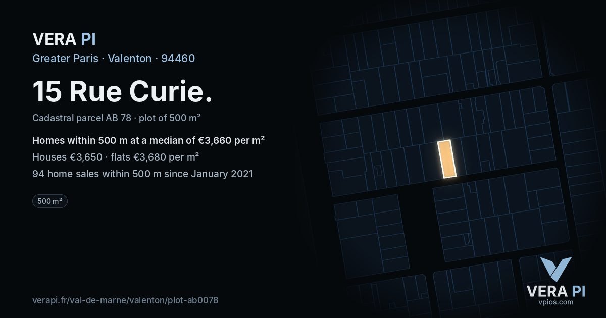 15 Rue Curie, Valenton at night – the plot lit, the parcels around coloured by the prices near them