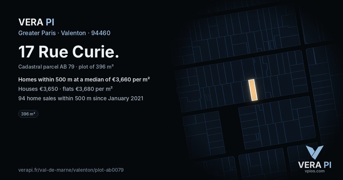 17 Rue Curie, Valenton at night – the plot lit, the parcels around coloured by the prices near them