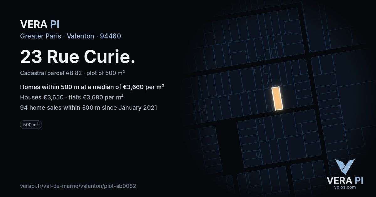 23 Rue Curie, Valenton at night – the plot lit, the parcels around coloured by the prices near them