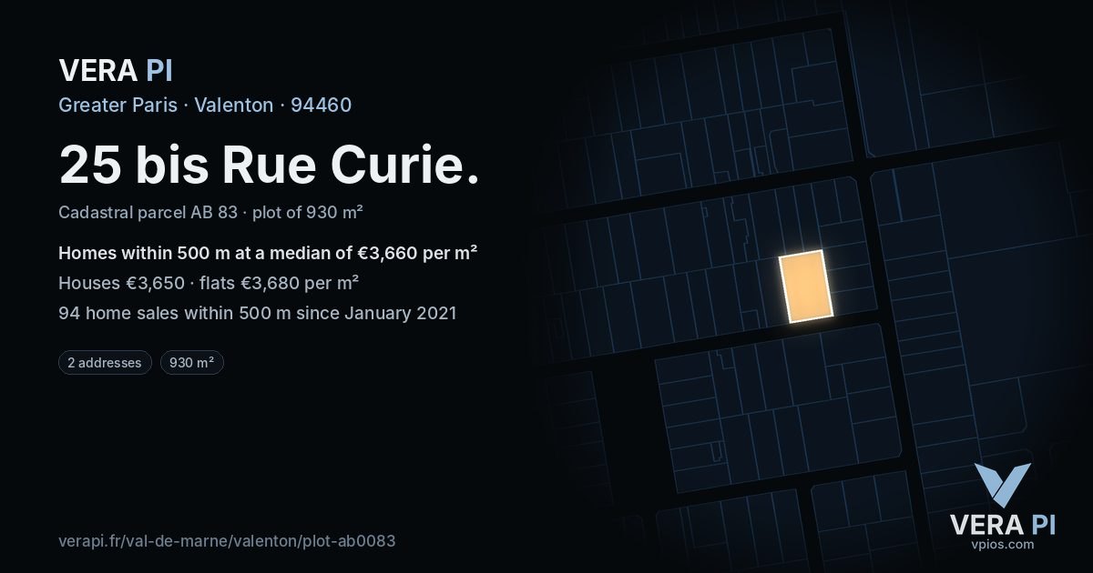 25 bis Rue Curie, Valenton at night – the plot lit, the parcels around coloured by the prices near them