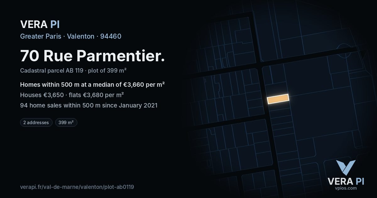 70 Rue Parmentier, Valenton at night – the plot lit, the parcels around coloured by the prices near them