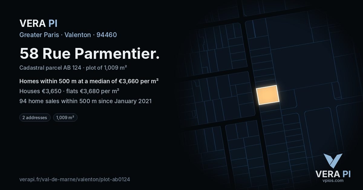 58 Rue Parmentier, Valenton at night – the plot lit, the parcels around coloured by the prices near them