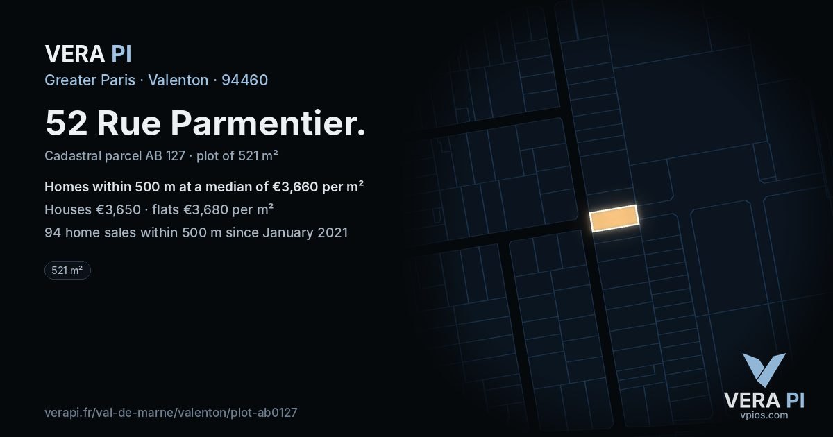 52 Rue Parmentier, Valenton at night – the plot lit, the parcels around coloured by the prices near them