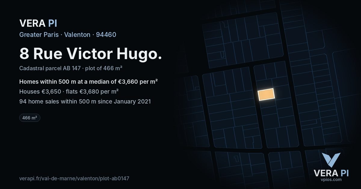 8 Rue Victor Hugo, Valenton at night – the plot lit, the parcels around coloured by the prices near them