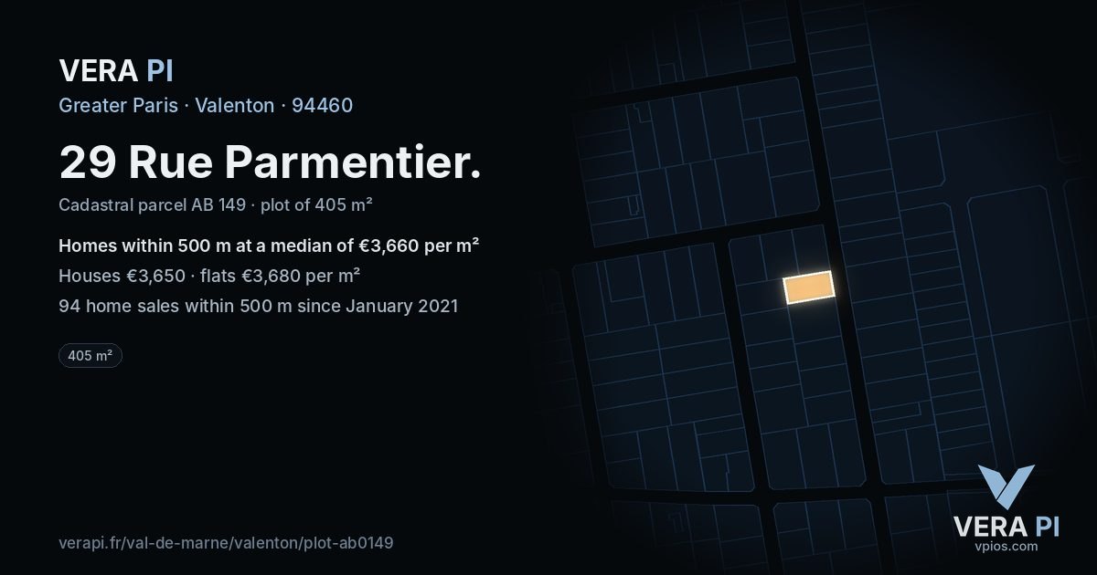 29 Rue Parmentier, Valenton at night – the plot lit, the parcels around coloured by the prices near them