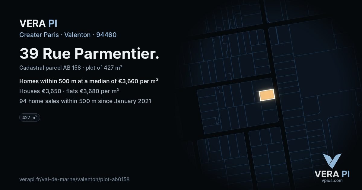 39 Rue Parmentier, Valenton at night – the plot lit, the parcels around coloured by the prices near them