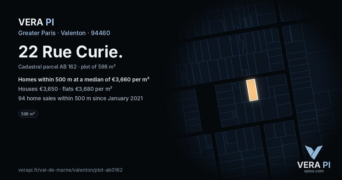22 Rue Curie, Valenton at night – the plot lit, the parcels around coloured by the prices near them