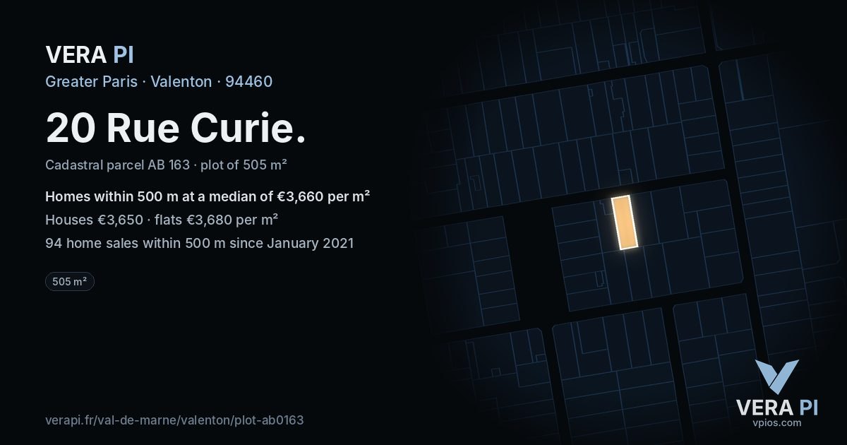 20 Rue Curie, Valenton at night – the plot lit, the parcels around coloured by the prices near them