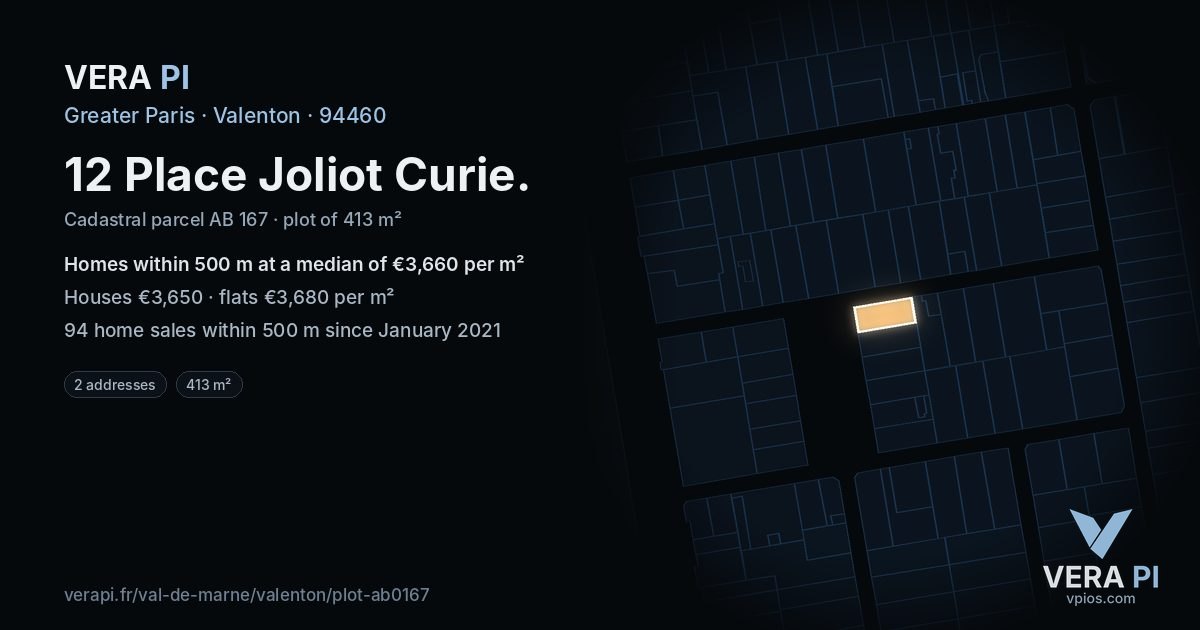 12 Place Joliot Curie, Valenton at night – the plot lit, the parcels around coloured by the prices near them
